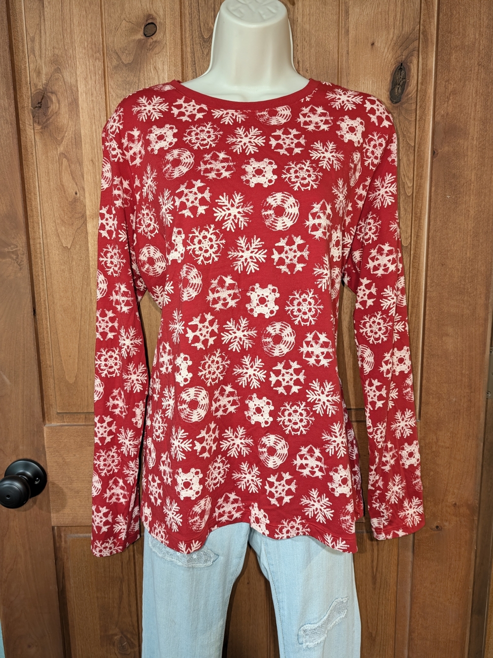 Lands' End Red Long-Sleeve Snowflake Print Tee